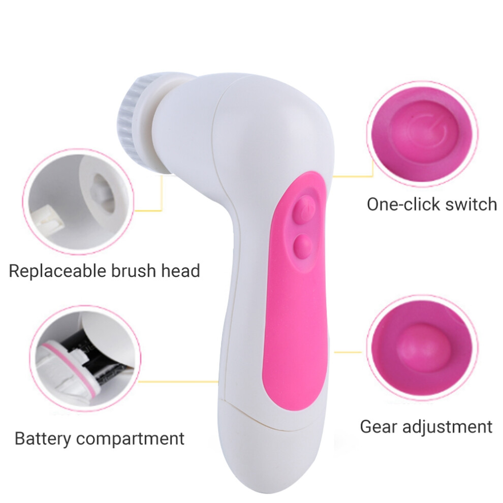 5 in 1 Multifunctional Electric Face Cleansing Instrument Pore Cleaner Brush Massager (Pink)