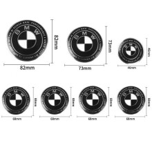 7 Stemma LOGO BMW Edition Nero Bianco Cofano 82mm + Bagagliaio 74mm + Volante + 4 Coprimozzo 68mm