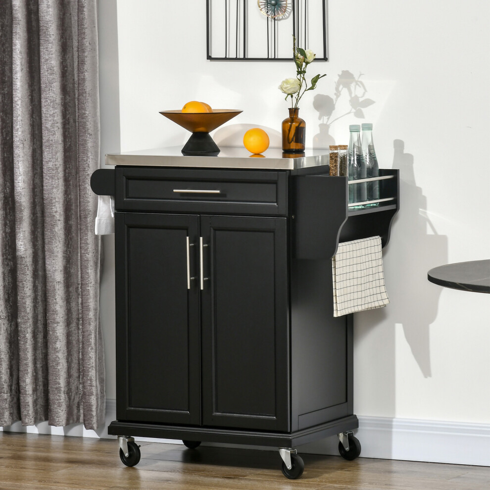 HOMCOM Rolling Kitchen Cart Storage Trolley with Drawer Towel Rail Steel Black