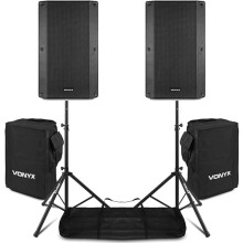 Vonyx VSA150S 15" Active DJ Speaker Set with Bluetooth, Stands & Protective Covers - 1000W Portable Powered PA System for Live Events