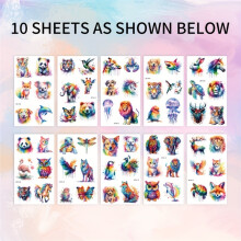 (Multicolor, G-A149~159) 10 Watercolor Animal Temporary Tattoos: Cats, Dogs, Owls, Lions, Jellyfish, Turtles, Party Decorations, Cute Doodle Animal Stickers