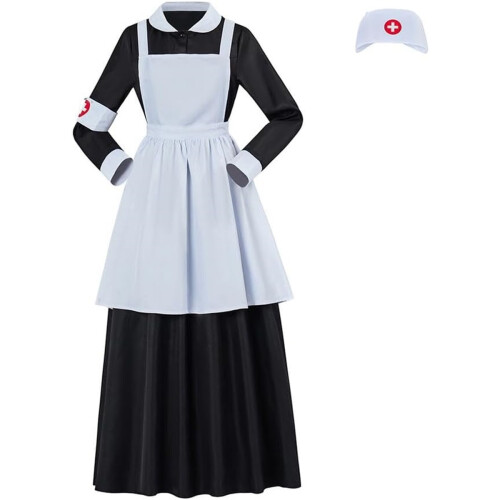 (XXXL) Florence Nightingale Cosplay Costume Nurse Dress with Apron Bonnet Arm Band Women's Civil War Nurse Costume