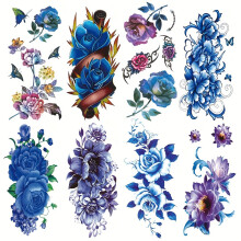 (8 Sheets) Waterproof Temporary Tattoo Stickers, 8pcs Set - Blue Purple Rose and Butterfly Design, Long-Lasting Arm Tattoos for Women