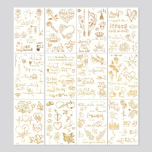 (Golden) [12 Golden Tattoo Stickers] 12 Sheets Golden Waterproof Fake Tattoo Stickers | Oblong Shape Temporary Body Art | Valentine's Day Decoration