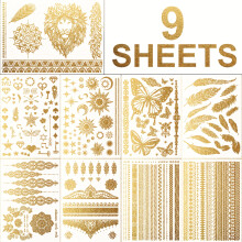 (9 Sheets) [9 Sheets Golden Tattoo] 9 Sheets Golden MetallicTemporary Tattoo Stickers | Bohemian Vintage Glitter Designs ,Safe Light Beige-Friendly