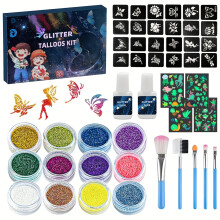 (Set) 12 Color Temporary Glitter Tattoo Kit with 24 Stencils - Adult Tattoo Arts Glitter Makeup Kit ,Includes Glitter Bottles, Brushes & Stencils