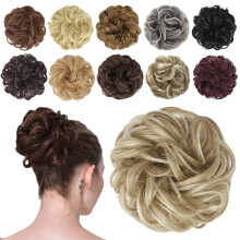 FESHFEN Hair Buns Hair Piece Hair Scrunchies for Women Thick Hair Extension Bun Messy Wavy Ponytail Hairpieces Updo Chignon 1PCS Light Ash Brown & B