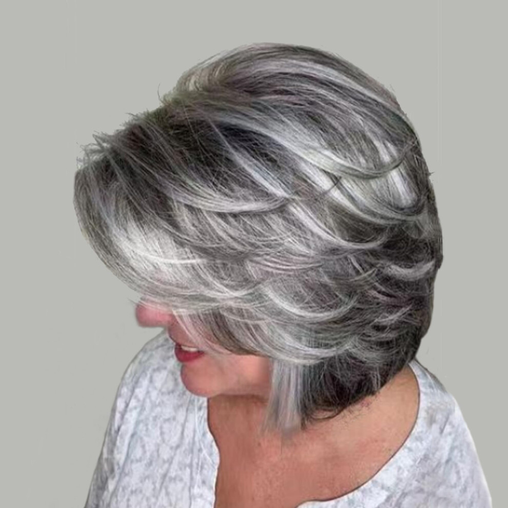 Jolelyne Unisex Grey Short Dark Gray Bob Wigs Wavy Layered Bob Wig With Curtain Bangs For Women Synthetic Highlight Sliver Ombre Bob Wig Pixie Cut Wig Gray H
