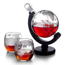 (1Decanter 2Cups) 1 Set, Wine Glass Set, Whiskey Decanter Globe Set With 2 Etched Wine Glass & Oval Solid Wood Tray Vodka Decanter, Excellent Party Wine Set