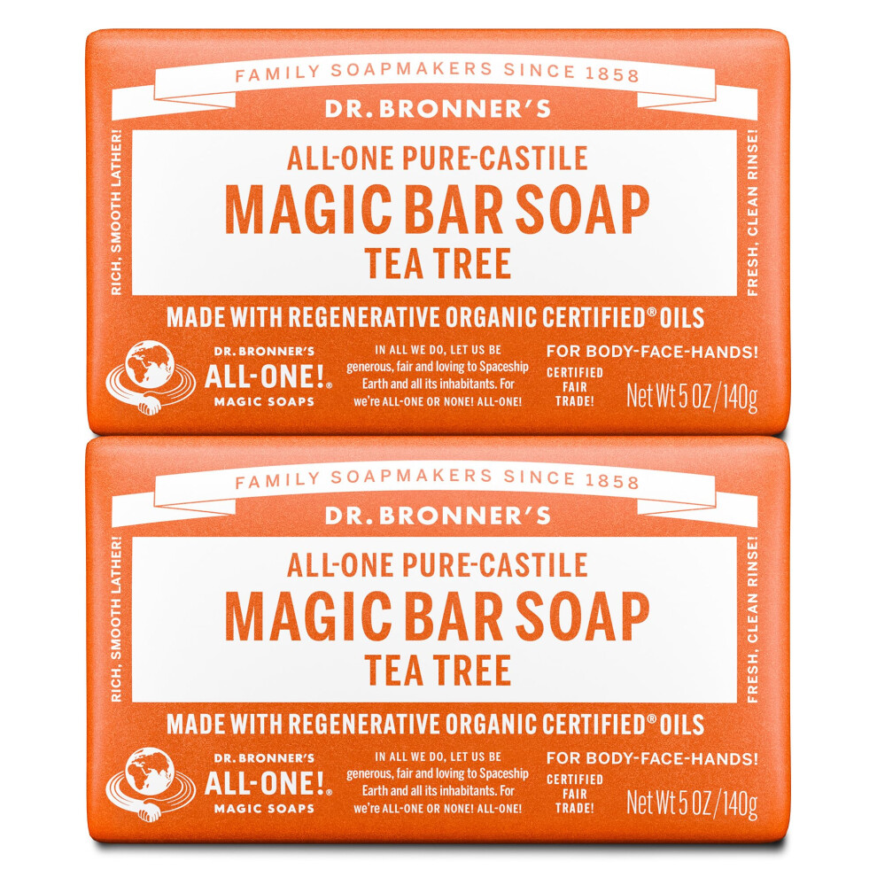 Pure-Castile Magic Bar Soaps Made with Regenerative Organic Certified Oils For Face, Body,HairVegan Soap Bars for Men & Women - Tea Tree, 2 pack, 5 oz