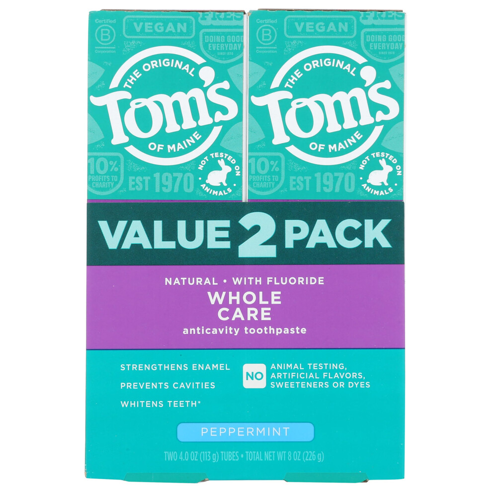 Tom's of Maine Whole Care Natural Toothpaste with Fluoride, Peppermint, 4 oz. 2-Pack (Packaging May Vary)