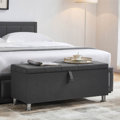 (Dark Grey Linen) Valencia Storage Ottoman Padded Bench Velvet UKFR