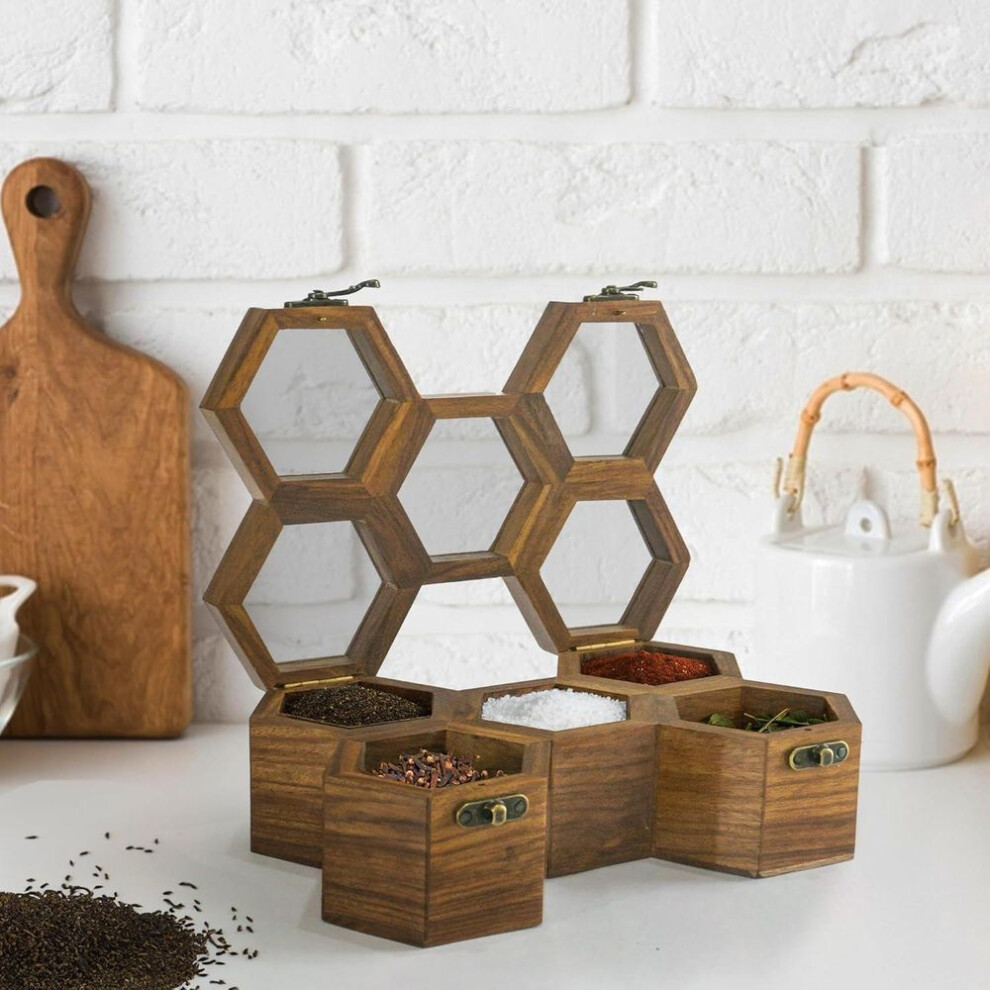 (5 Parts) Wooden Spice Box With Spoon Container  For Kitchen Masala