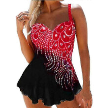 (2XL, Red) Women Beach Swimwear Feather Print Swimdress Tankini Set Swimsuit Bathing Suit