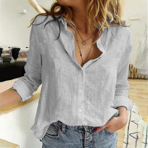 (3XL, White) Casual Solid Color Button Lapel Blouses for Women Summer Linen Tops 2