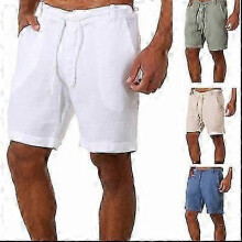 (S, White) Men's Linen Shorts Casual Breathable Jogging Pants Fashion Short Pants