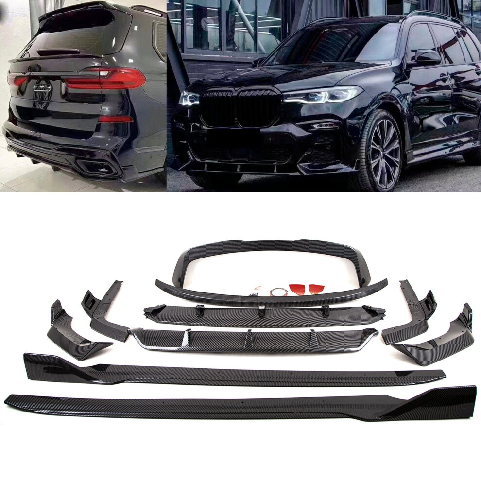 Fits Bmw X7 G07 2019-2022 Aero Body Kit Front Splitter Rear Diffuser Side Skirts Boot & Roof Spoiler Carbon Look Black 9145588450999