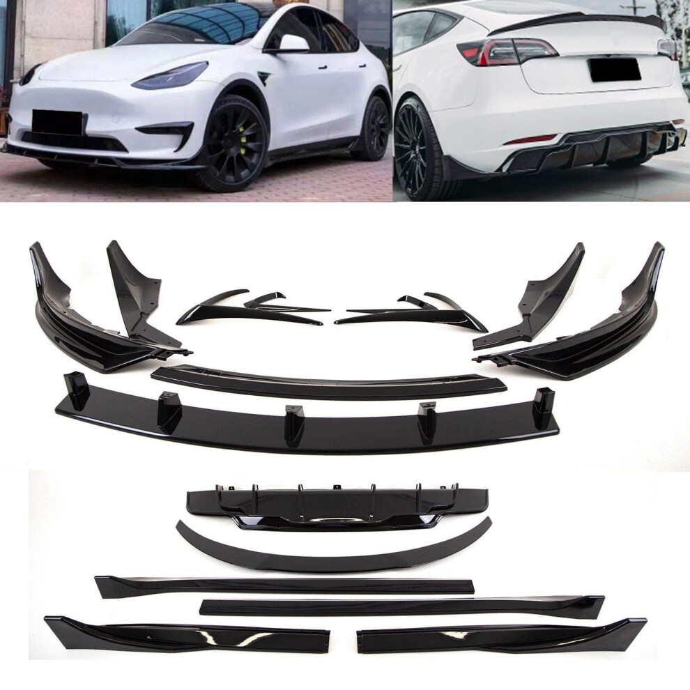Aero Body Kit Front Splitter Diffuser Spoiler Skirts Gloss Tesla Model 3 Black 9145588450364