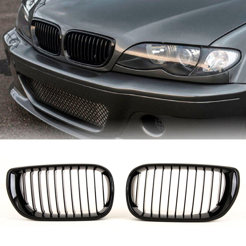 Front Kidney Grilles Single Slat Gloss Bmw 3 Series E46 Lci 2002-2005 Black 9145588378729