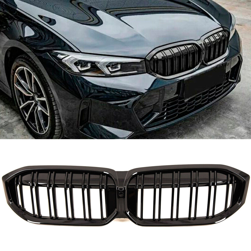 Front Kidney Grilles Twin Slat Gloss Fits Bmw 3 Series G20 G21 Lci 2022- Black 9145588380357
