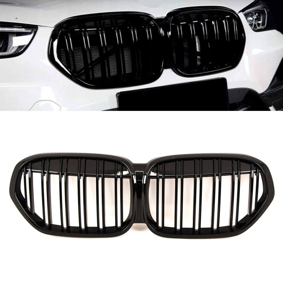 Front Kidney Grilles Twin Slats Gloss Fits Bmw X1 Series F48 Lci 2019-2022 Black 9145588380296