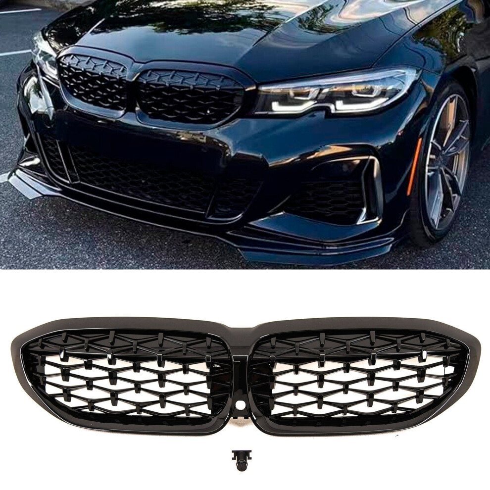 Front Kidney Grilles Diamond Style Gloss Fits Bmw 3 Series G20 G21 2019-22 Black 9145588380326