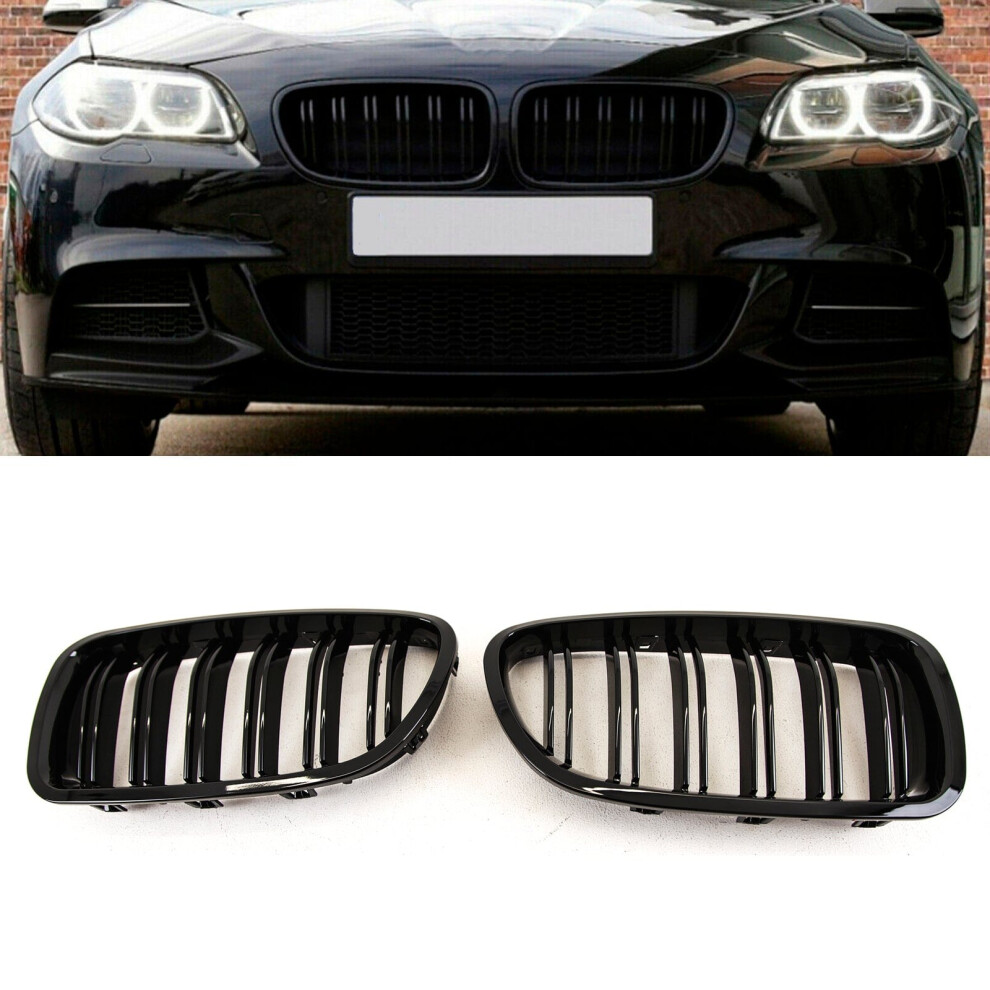 Fits Bmw 5 Series F10 F11 2010-2016 Front Kidney Grilles Twin Double Slats Gloss Black