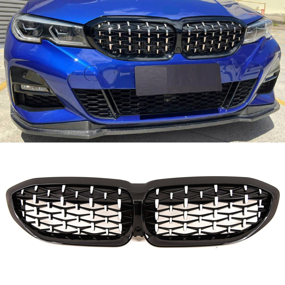 Front Kidney Grille Diamond Style Gloss Fits Bmw 3 Series G20 G21 Black/Silver 9145588380333