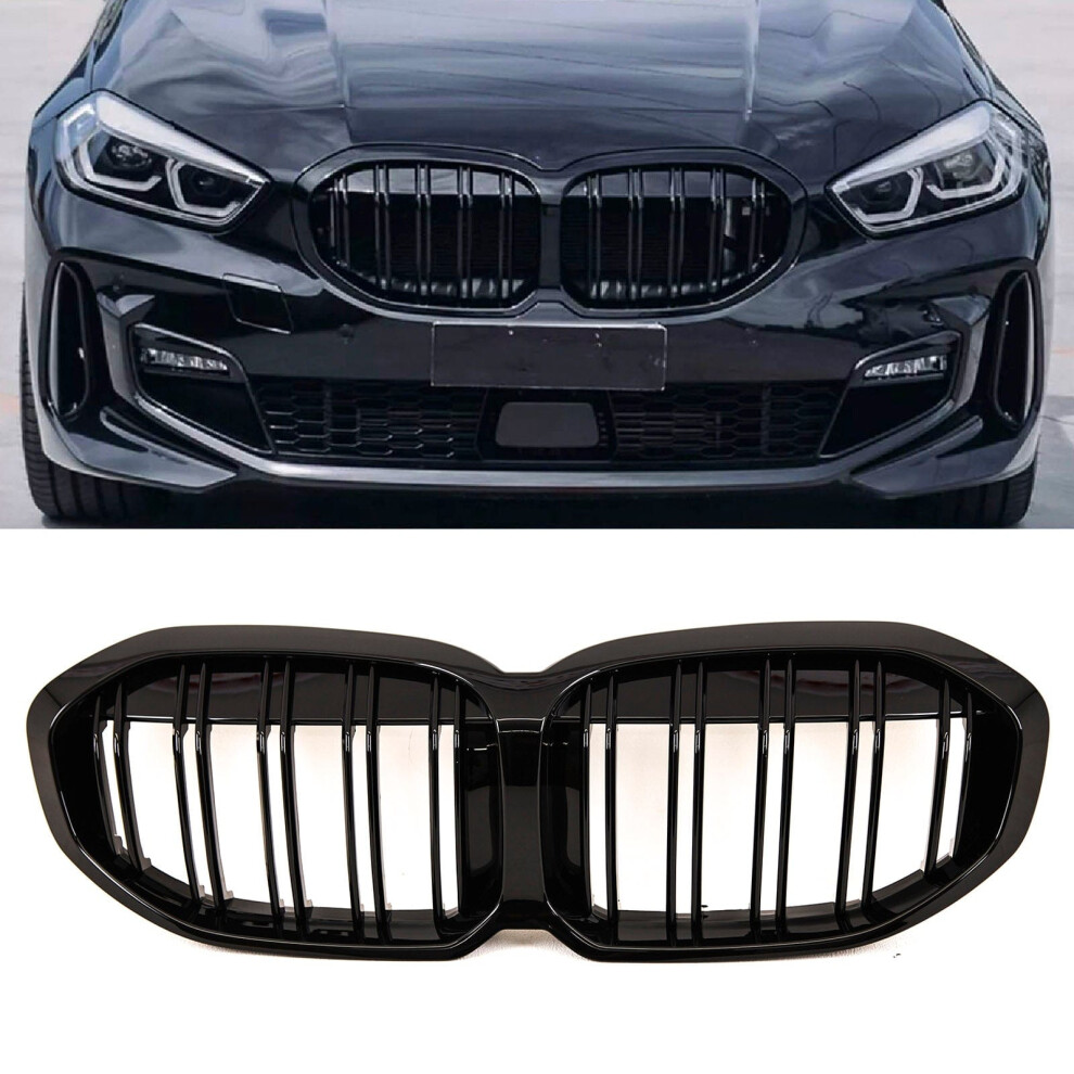 Front Kidney Grilles Twin Double Slats Gloss Fits Bmw 1 Series F40 2019- Black 9145588380227
