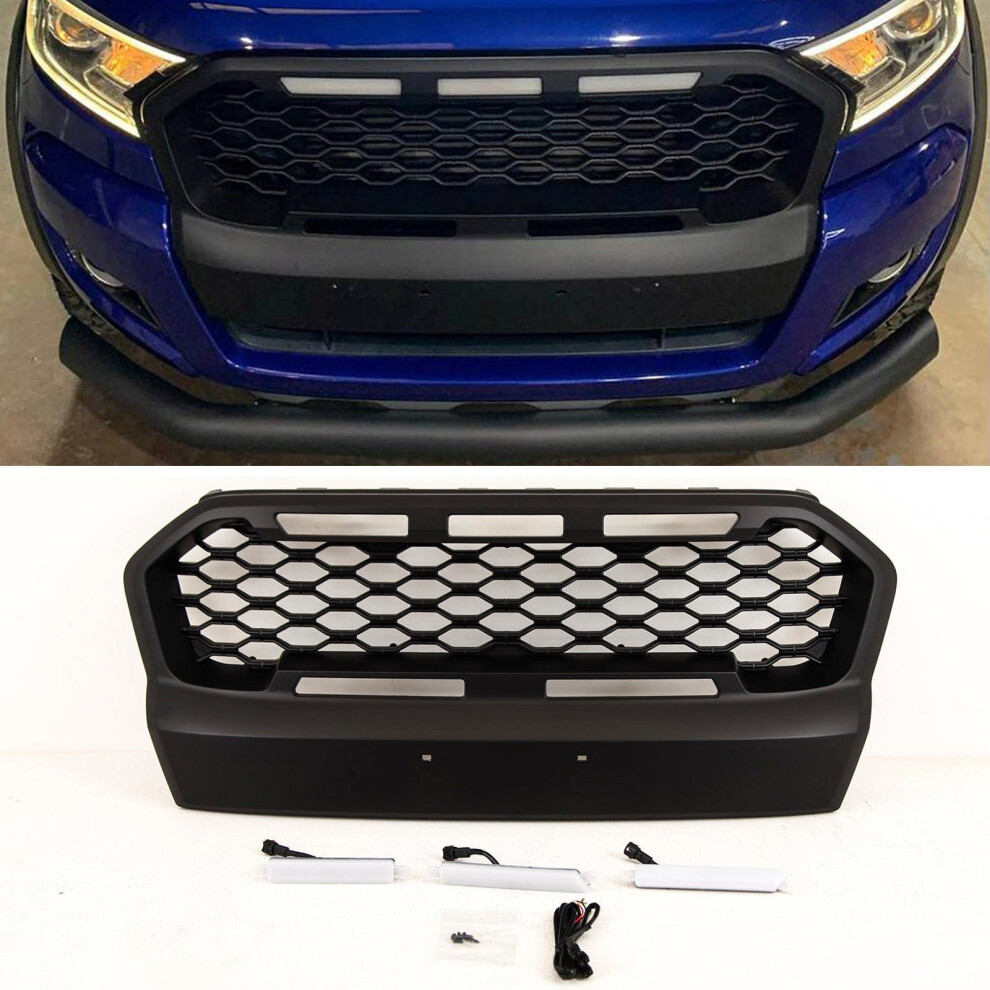 For Ford Ranger T6 2015-2019 Front Main Grille Upgade With Led Lights Black 9145588446657