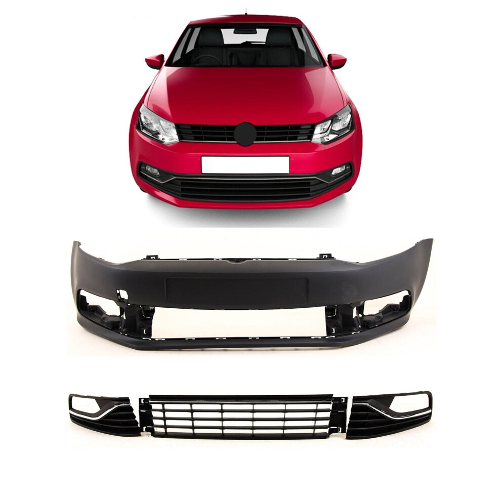 Front Bumper Complete Kit No Pdc & Washer Holes Primed Vw Polo 2014-2017 9145588446572