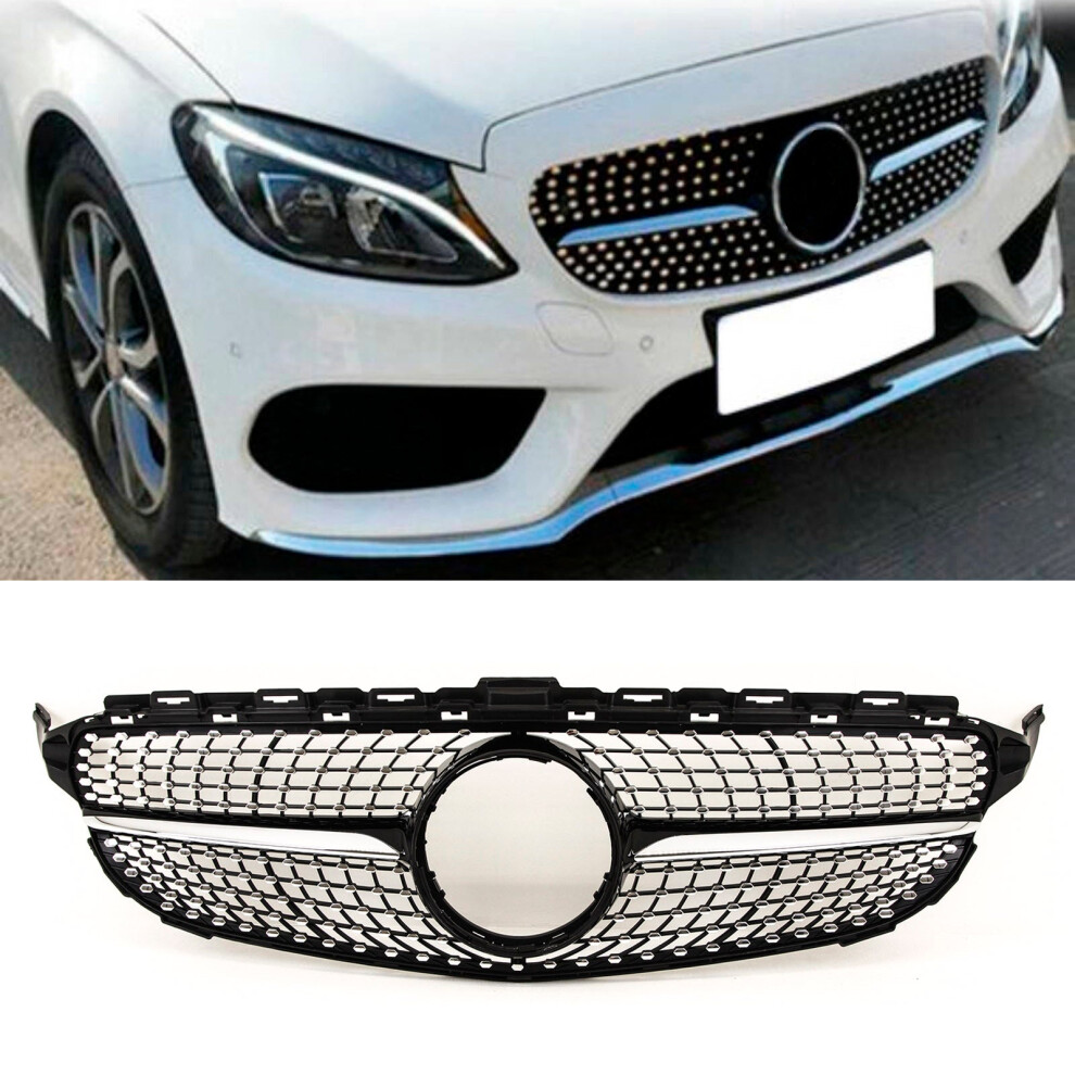 Fits Mercedes C Class W205 2014-2018 Front Bumper Grille Gloss W/ Chrome Pins Sport Black 9145588439390