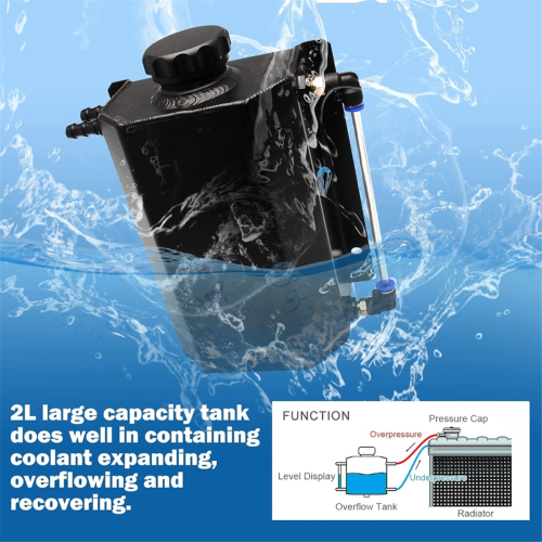 Universal 2L Aluminum Radiator Coolant Overflow Tank with Bottom Drain & Visual Level Hose 1