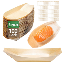 100 Set Wooden Disposable Plates Boat Plates Food Trays