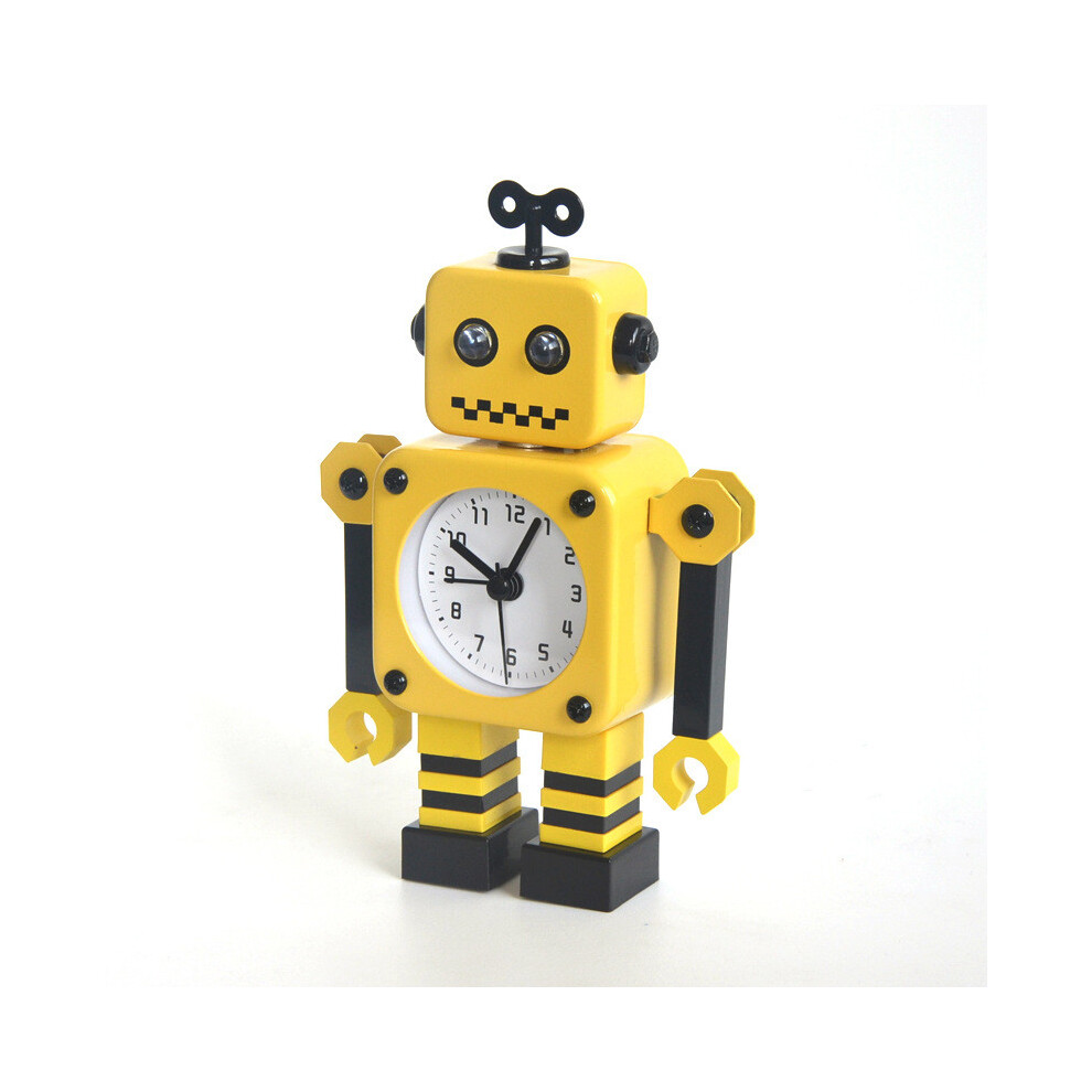 (Yellow) Cartoon Robot Alarm Clock Metal Casing Analog Hands Childrens Living Space Room-image-OPC-PHX9XK8-NEW
