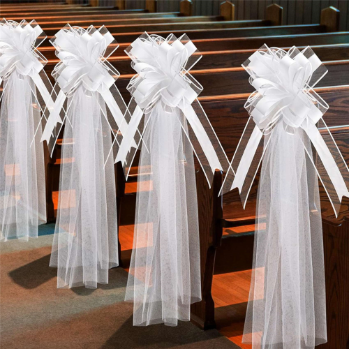 Large White Wedding Pew Bows with Long Tulle Wedding Pew Bows 1