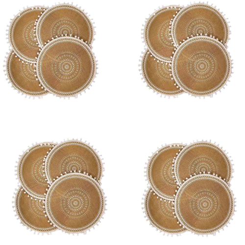 Round Placemats Set of 4,Boho Woven Table Mats (White Ball)