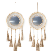 Wall Mirror Hanging Wall Mirror with Wood Beads Fringe Handmade Round