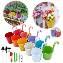 Hanging Plant Pot Large Metal Flower Pots, Coloured Fence Plant Pots Hanging Planter Basket Set without Drainage Hole, Detachable Hook, Balcony