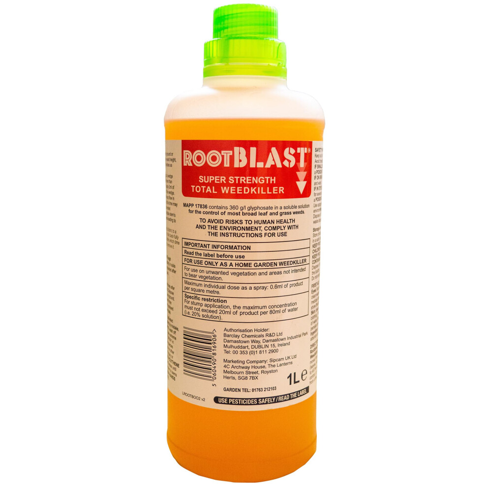 New Rootblast | Super Strength Concentrated Total Weed Killer - Glyphosate For Effective Weed Control - Kills Weeds Down To The Their Roots (1 X 1L), Siphg360a