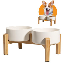 Elevated Ceramic Dog Bowl Set - Raised Dog Bowls with Non-Slip Bamboo Stand - Dog Food and Water Bowl Set - Double Dog Feeding Bowls - Suitable for