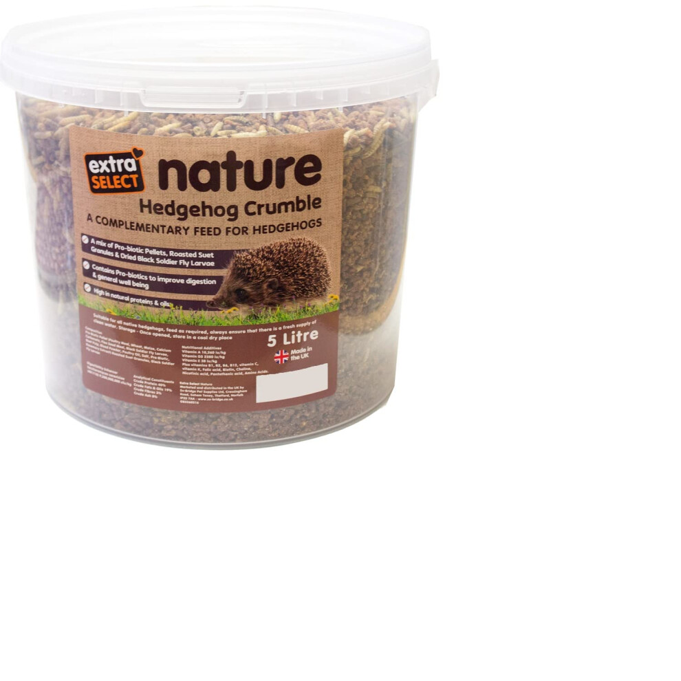 Extra Select Black Nature Hedgehog Crumble: Pro-Biotic, High-Protein Dry Hedgehog Food, Enriched With Soldier Fly Larvae - 5L Tub