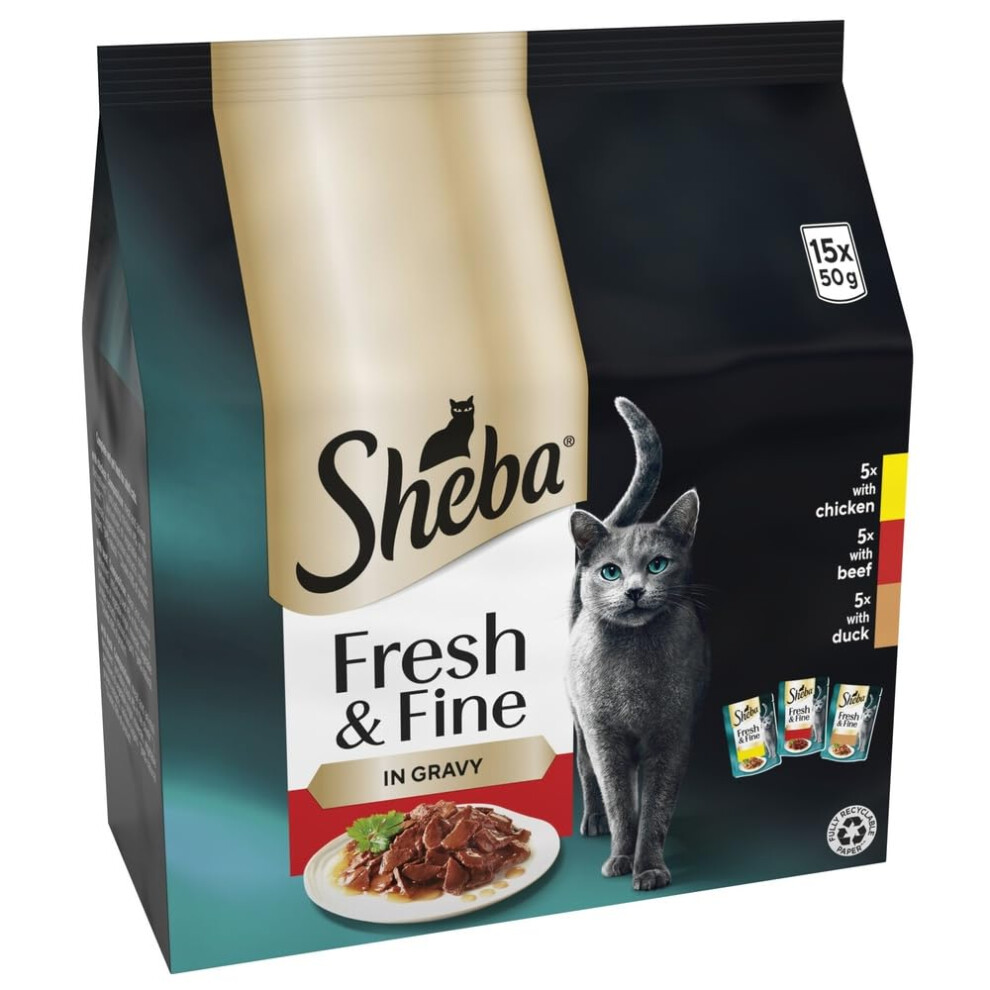New Sheba Cat Wet Food - Fresh And Fine - Cat Pouches Meaty Pieces In Gravy - 15 X 50 G (Pack Of 3) 422532