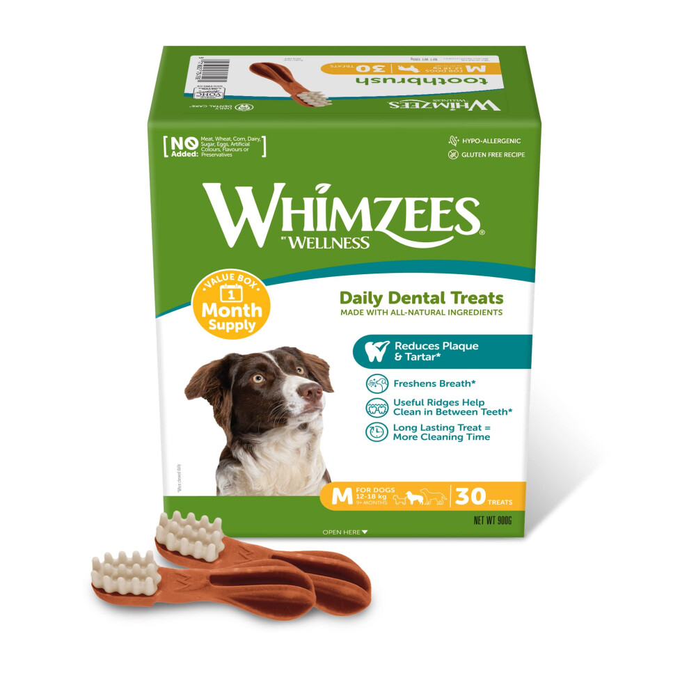 New Whimzees By Wellness Toothbrush, Month Box, Natural And -Free Dog Chews, Dog Dental Sticks For Medium Breeds, 30 Pieces (One Month Supply), Size Grain Whz512-Eu
