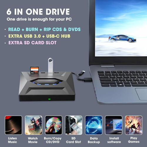 6-in-1 Portable CD/DVD +/-RW Drive DVD Burner 1