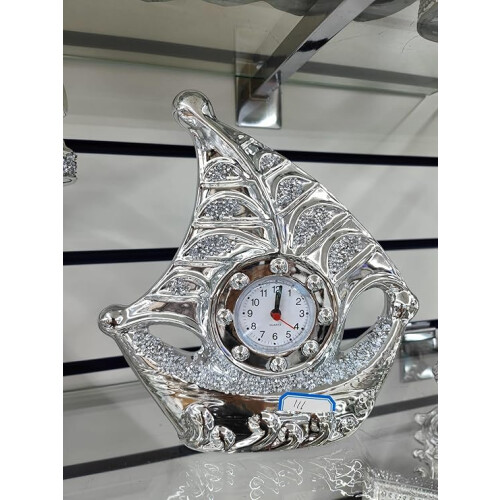 Silver Glass Sparkle Ornament Bling Clock Sail Boat 18x3.81cm