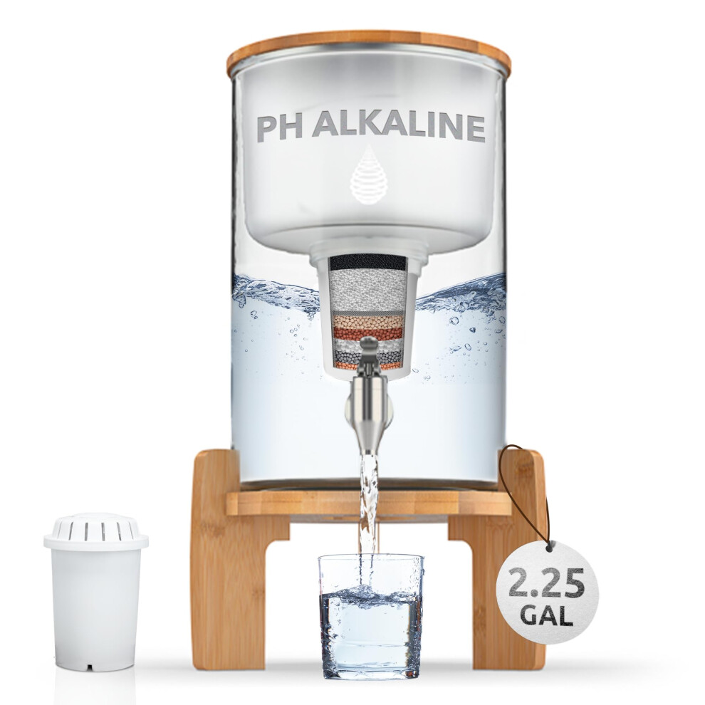 Invigorated Water Ph Recharge Glass Alkaline Countertop Water Filter Dispenser - 2.25 Gallons Jug - Removes Fluoride Chlorine & Impurities - Improves Water Ph - Clean