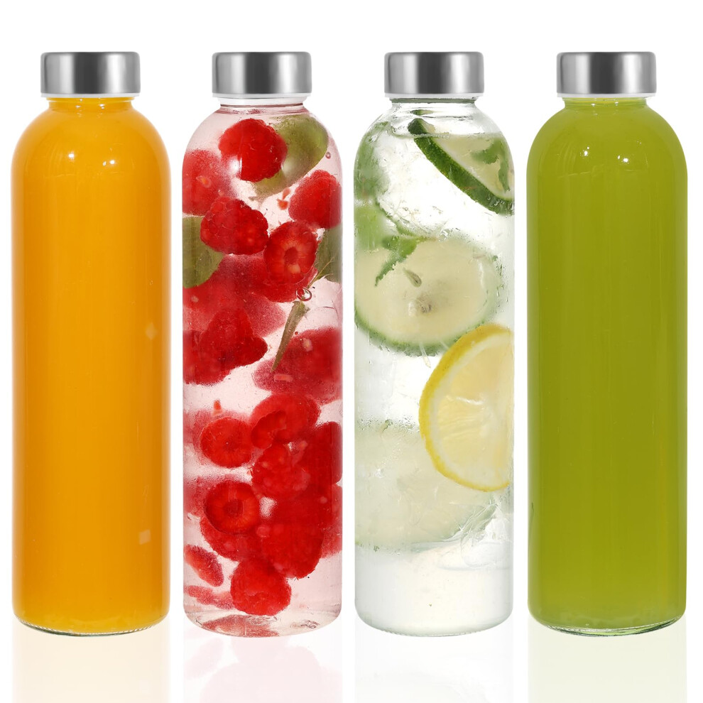 LIMILI Glass Bottles with Lids, Glass Water Bottles with Stainless Steel Lids, Glass Juice Bottles with Lids Leak Proof Reusable Glass Drinking