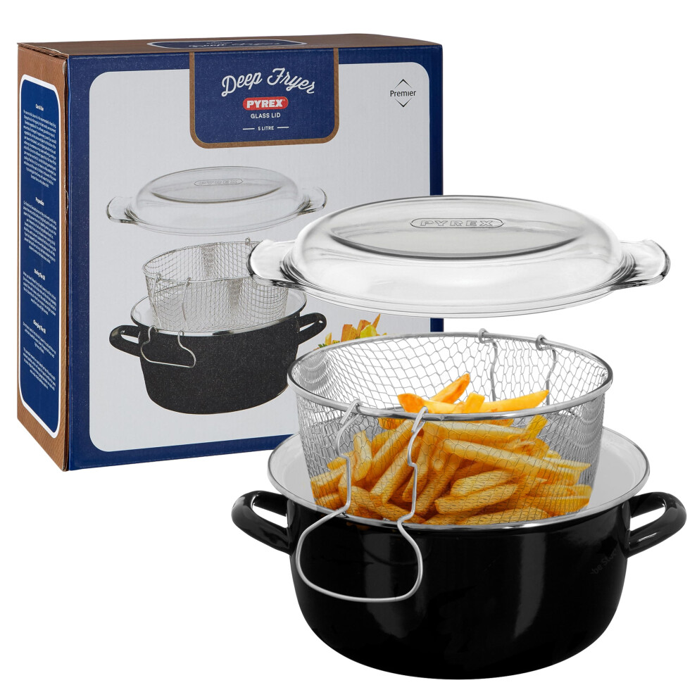 Premier Housewares 5L Deep Fat Fryer Enamel Glass Lid Chip Fryer Deep Frying Pan Black Fryers Basket Small Fryer 16x33x27