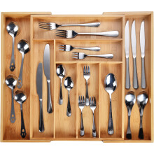 Harcas Bamboo Cutlery Tray. 6-8 Compartment Utensil Holder for Kitchen Drawer. Large Extendable Size Organiser for Knife, Forks and Cutlery. Cutlery